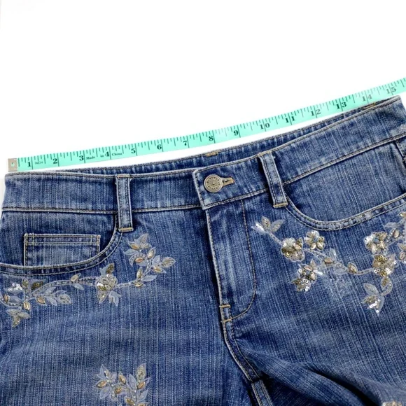 Elie Tahari Blue Boot Cut Jeans with Silver Floral Embroidery - Picture 6 of 8